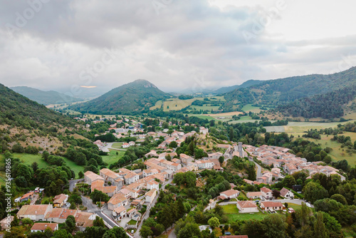 Aerial view of small french town of Belcaire in Ariege region in Occitania in France.Small village in the french countryside of Pyrenees.