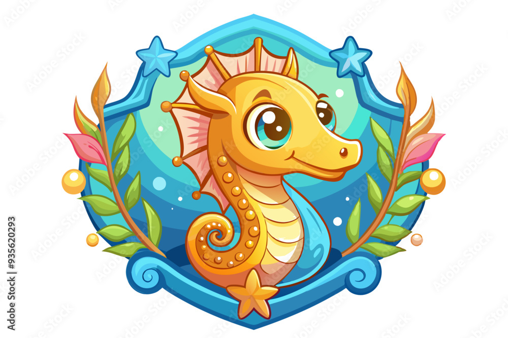 Fototapeta premium Cute Cartoon Seahorse in a Blue Frame with Stars and Seaweed