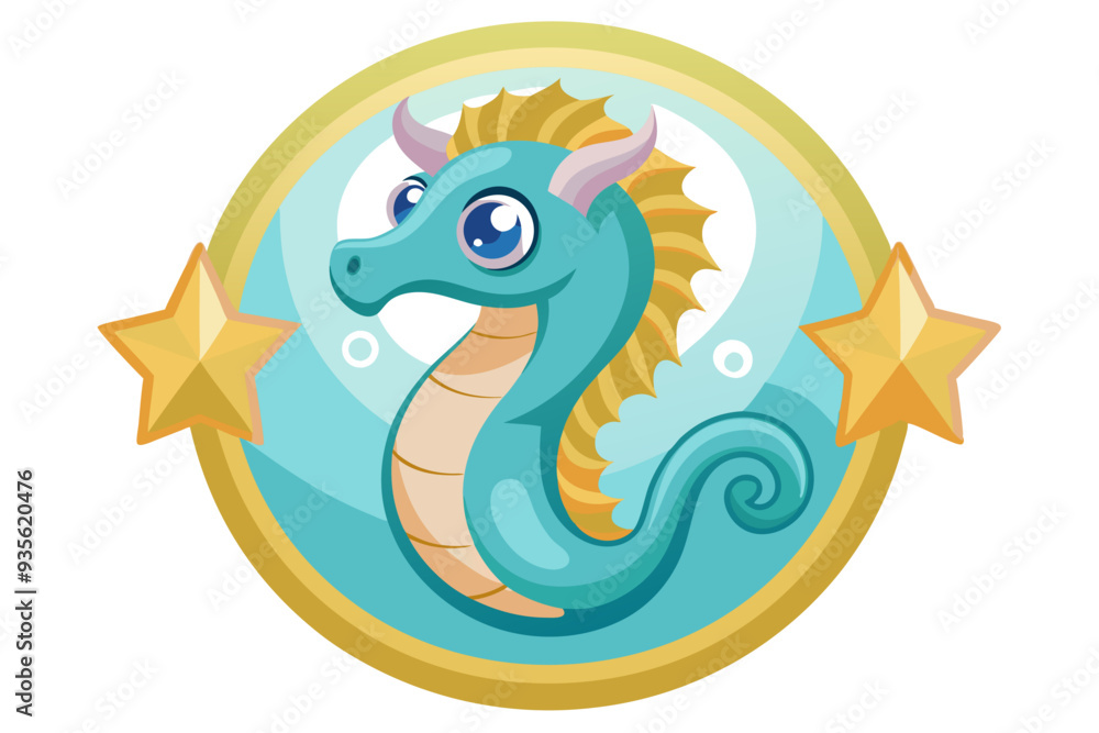 Fototapeta premium Cartoon Seahorse with Big Eyes and Golden Stars