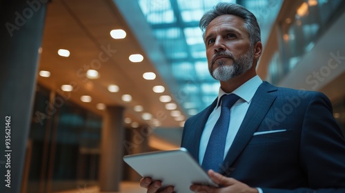 A businessman confidently holding a tablet, ready to present his ideas in a corporate meeting.