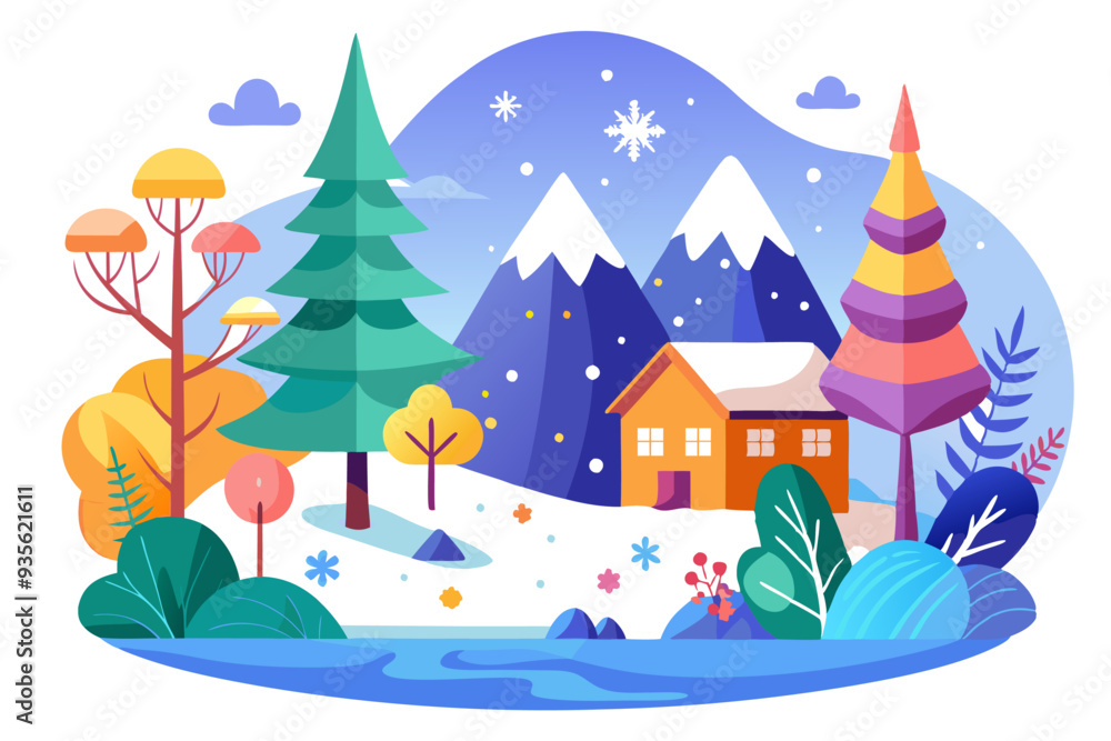 Colorful Winter Landscape with a Cozy House and Snowy Mountains Colorful Winter Landscape with a Cozy House and Snowy Mountains