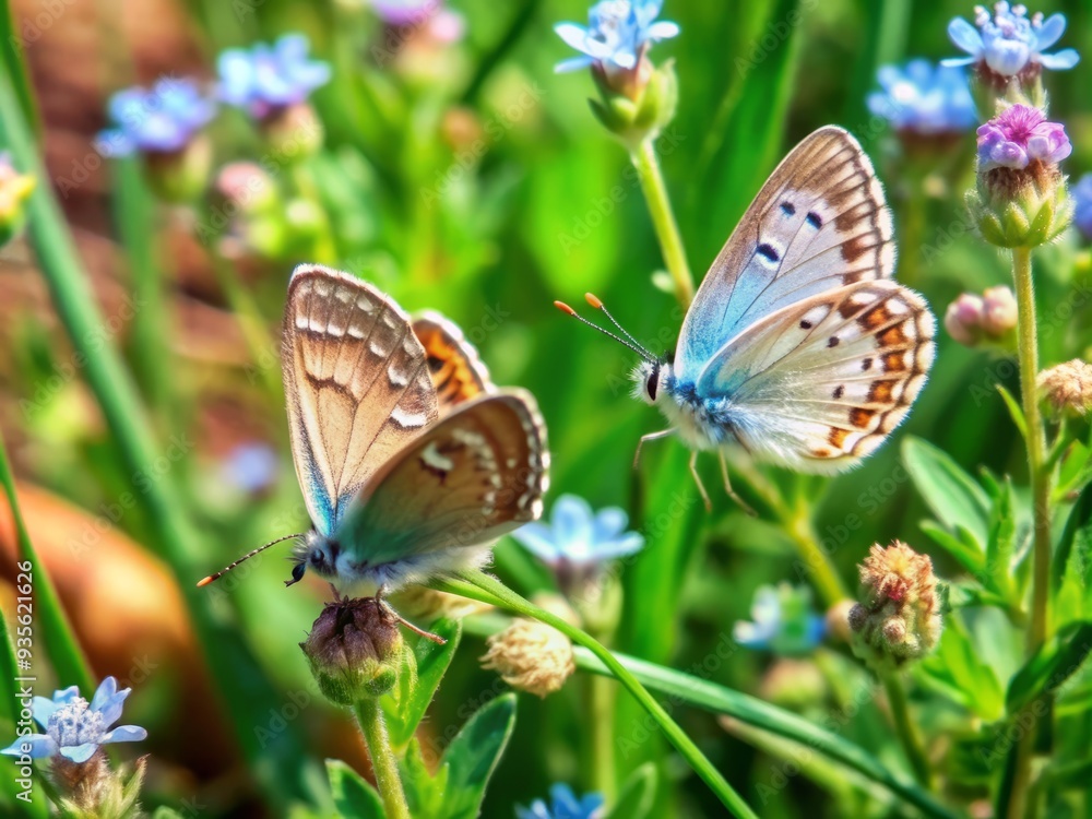 Obraz premium Delicate light blue wildflowers sway gently in a lush green field as two dainty butterflies flit and flutter around them on a sunny outdoor day.