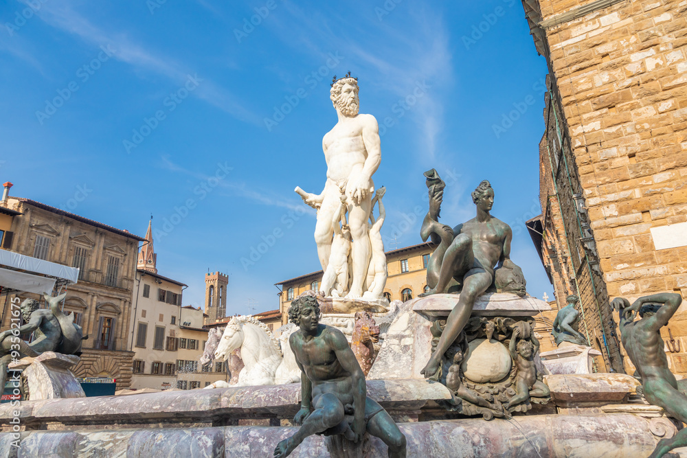 Florence, Italy - Neptune Fountain. Marble sculpture, Renaissance masterpiece, naked Poseidon Florence, Italy - Neptune Fountain. Marble sculpture, Renaissance masterpiece, naked Poseidon