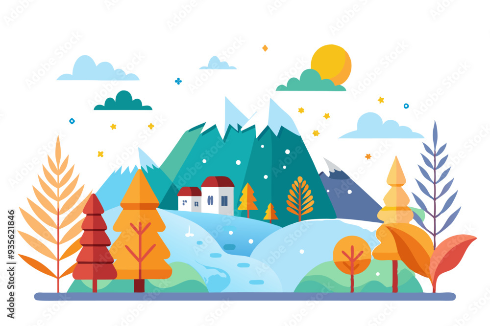 A Snowy Mountain Landscape with a Village and Trees A Snowy Mountain Landscape with a Village and Trees