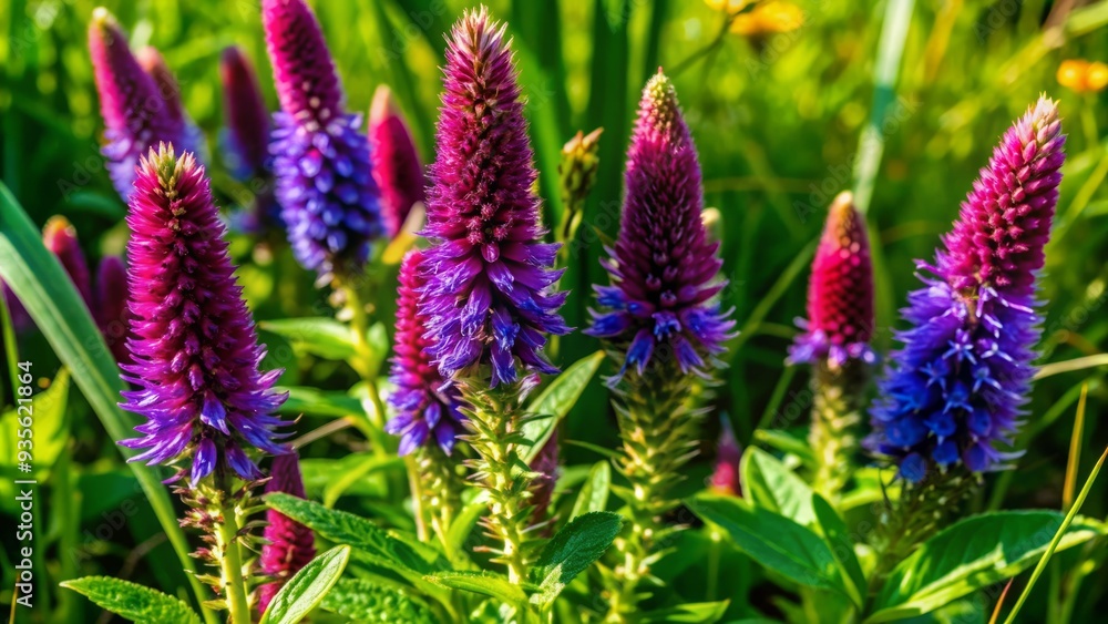 Delicate blue Spiked Speedwell blooms rise above lush green grass in a serene park, their unique spikes adding whimsy to the idyllic natural scene. Delicate blue Spiked Speedwell blooms rise above lush green grass in a serene park, their unique spikes adding whimsy to the idyllic natural scene.