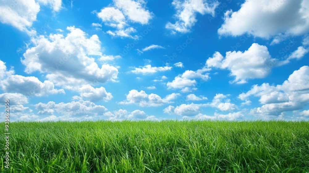 A field of green grass under a bright blue sky, with fluffy white clouds floating by A field of green grass under a bright blue sky, with fluffy white clouds floating by
