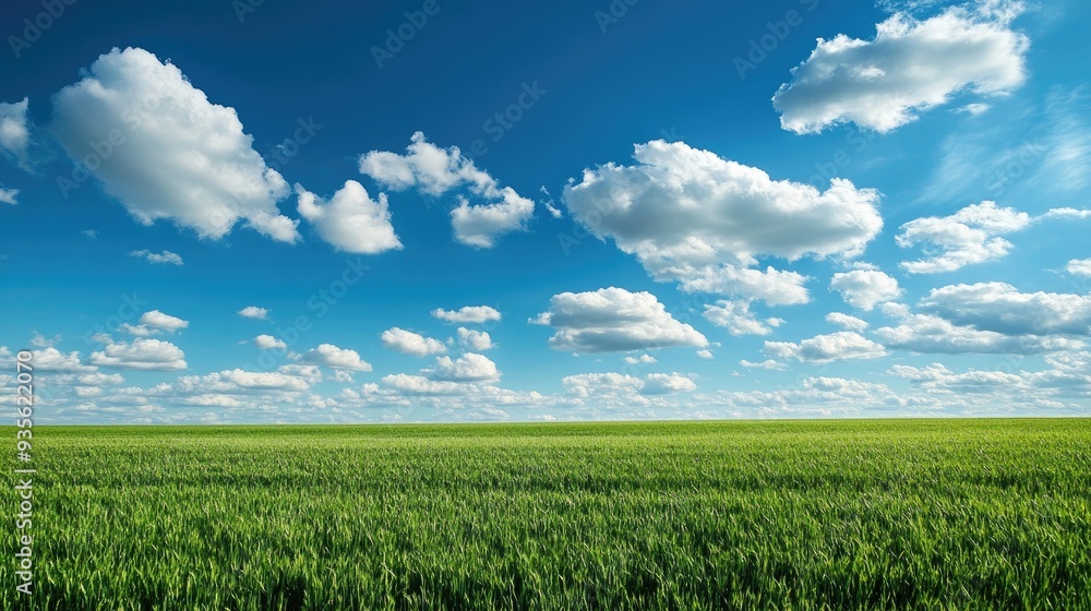 Obraz premium A field of green grass under a bright blue sky, with fluffy white clouds floating by