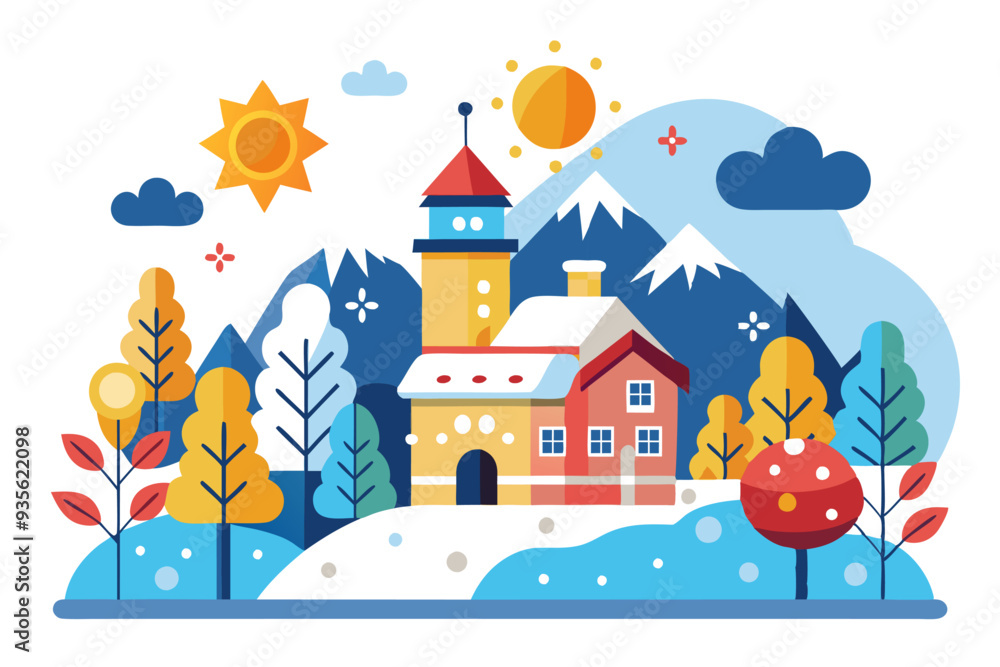 Colorful Illustration of a House in a Snowy Mountain Landscape Colorful Illustration of a House in a Snowy Mountain Landscape