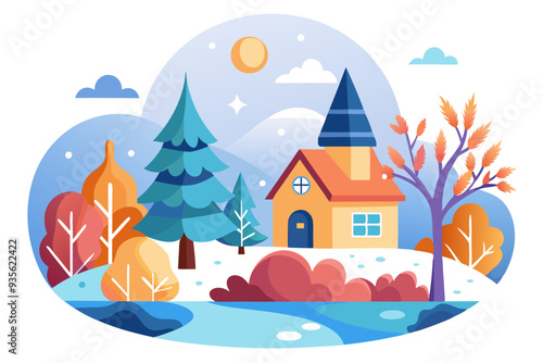 Wallpaper Mural A Quaint Yellow House with a Blue Roof Surrounded by Trees and a River in a Snowy Landscape Torontodigital.ca