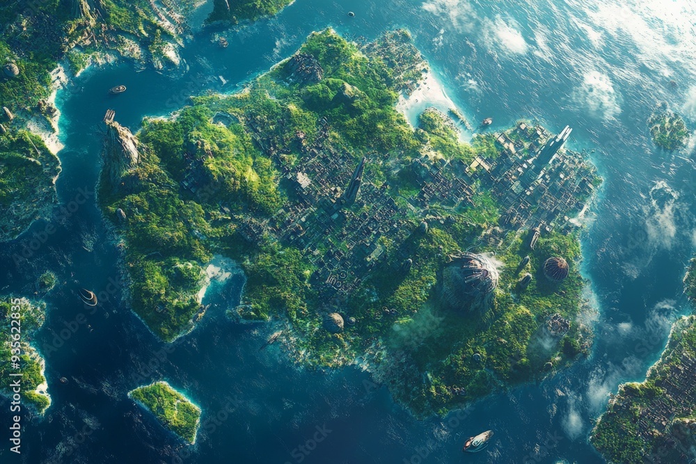 A vibrant cityscape situated on an island, surrounded by deep blue waters under a radiant sky, highlighting the blend of modern urban structure and isolated natural beauty. A vibrant cityscape situated on an island, surrounded by deep blue waters under a radiant sky, highlighting the blend of modern urban structure and isolated natural beauty.