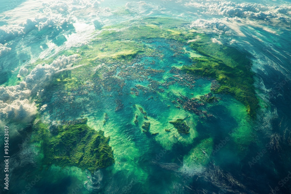 Aerial view of a lush, green island surrounded by clear blue waters, dotted with small villages and dense vegetation, depicting a serene and unspoiled paradise. Aerial view of a lush, green island surrounded by clear blue waters, dotted with small villages and dense vegetation, depicting a serene and unspoiled paradise.