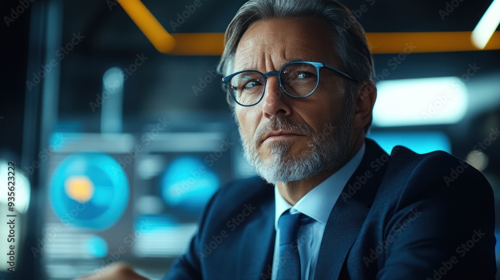 A man in a suit and glasses is staring at a computer screen A man in a suit and glasses is staring at a computer screen