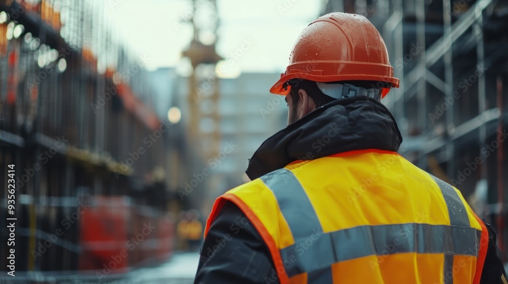 A detailed view of construction workers equipped with safety gear, including vests, hard hats, and gloves, ensuring a safe work environment. A detailed view of construction workers equipped with safety gear, including vests, hard hats, and gloves, ensuring a safe work environment.