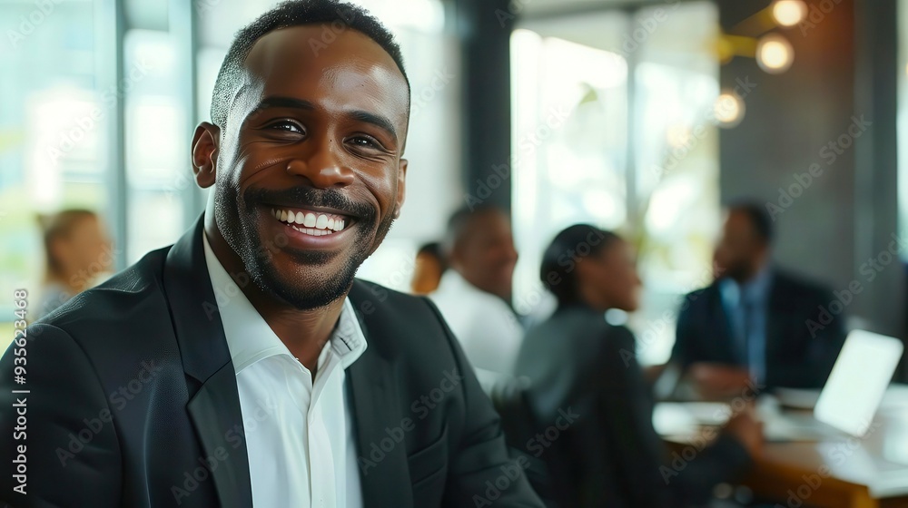 A smiling businessman in a modern office setting, exuding confidence and professionalism among colleagues. A smiling businessman in a modern office setting, exuding confidence and professionalism among colleagues.