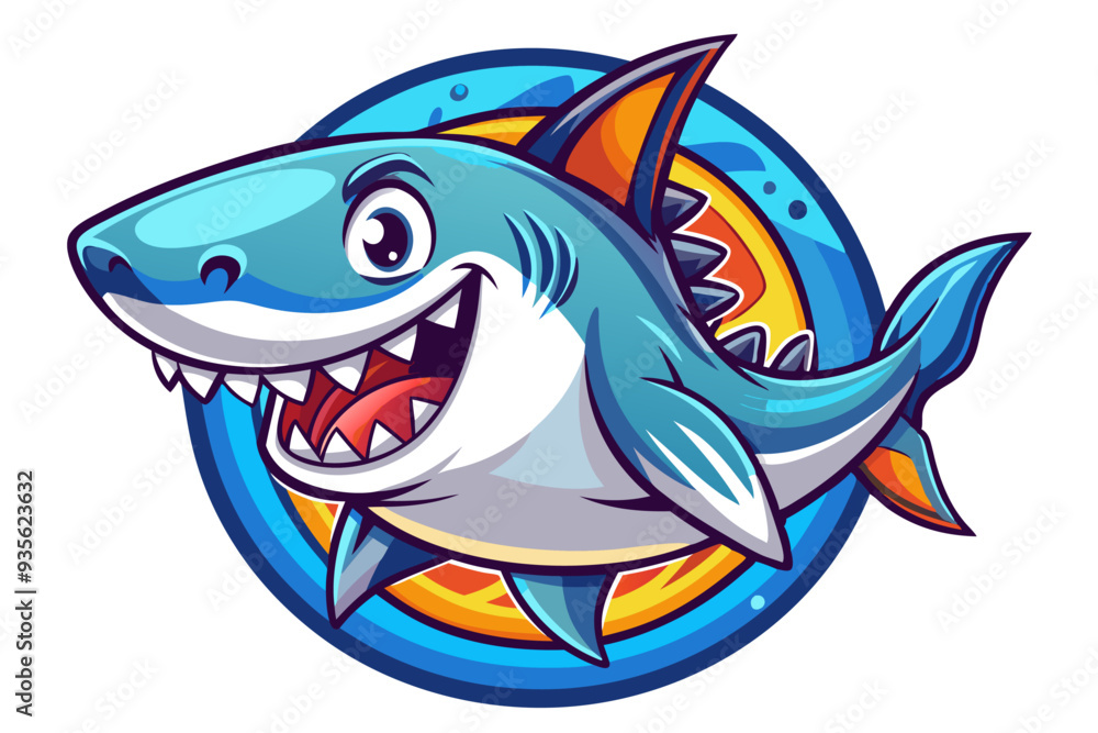 Fototapeta premium Cheerful Cartoon Shark with Open Mouth and Sharp Teeth