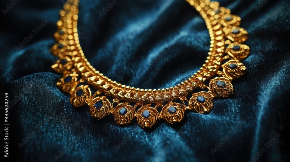 A golden necklace on a velvet background, luxurious and elegant, ready for a special occasion A golden necklace on a velvet background, luxurious and elegant, ready for a special occasion