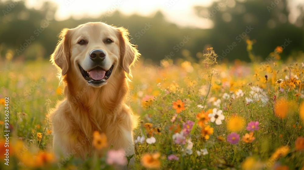 A golden retriever in a field of wildflowers, capturing the beauty of nature and companionship A golden retriever in a field of wildflowers, capturing the beauty of nature and companionship