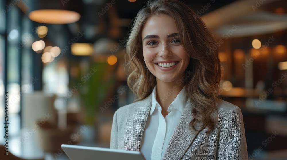 A happy business professional smiling as they work on a tablet in a contemporary office setting. A happy business professional smiling as they work on a tablet in a contemporary office setting.