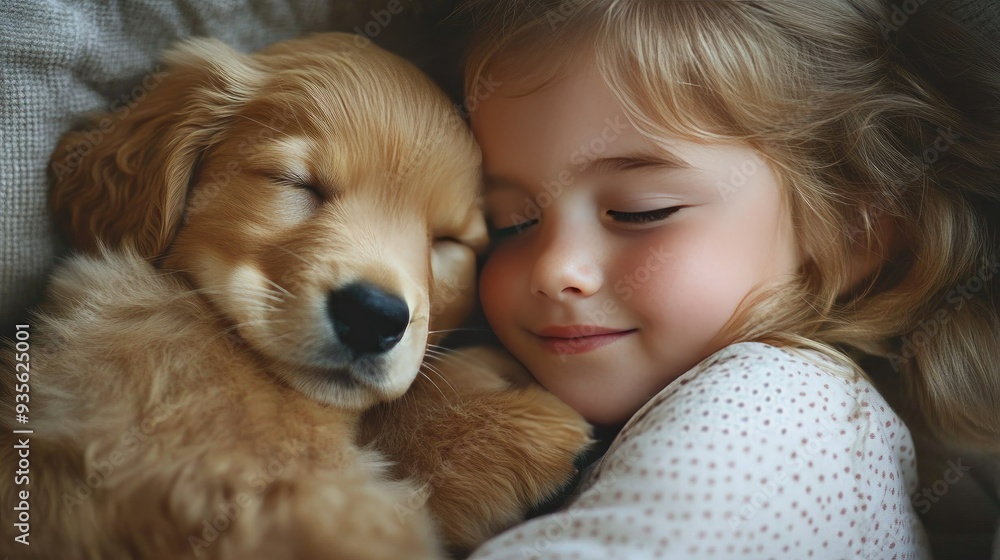 A golden retriever puppy cuddling with a child, capturing the innocence of childhood A golden retriever puppy cuddling with a child, capturing the innocence of childhood
