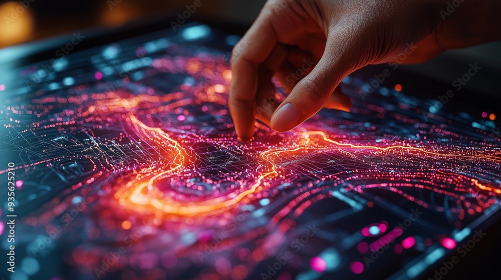 Modern digital navigation map on a touchscreen with bright, colorful interface showcasing detailed routes and waypoints, overlaid with topographical features and maritime data, hand interacting with t Modern digital navigation map on a touchscreen with bright, colorful interface showcasing detailed routes and waypoints, overlaid with topographical features and maritime data, hand interacting with t