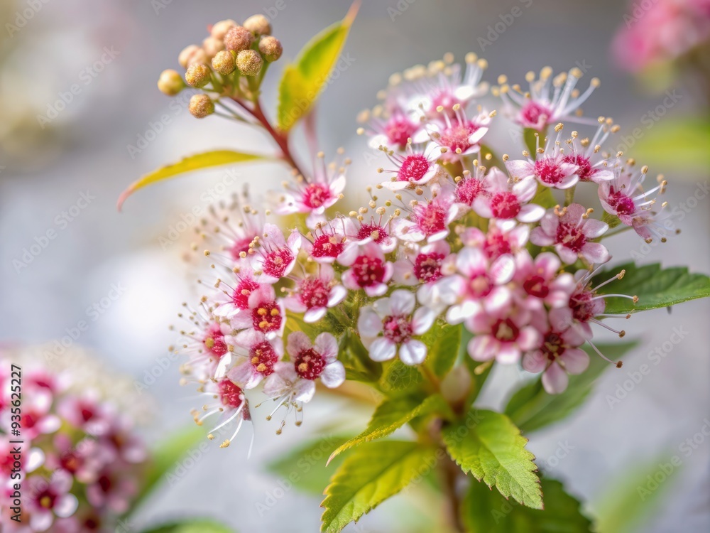 Vibrant red spirea flowers bloom against a soft, blurred background, showcasing delicate petals and intricate details in a serene, natural, and strikingly colorful composition. Vibrant red spirea flowers bloom against a soft, blurred background, showcasing delicate petals and intricate details in a serene, natural, and strikingly colorful composition.