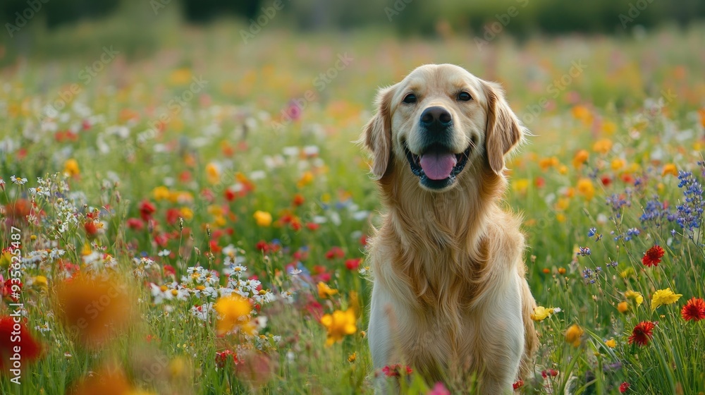 A golden retriever standing in a field of wildflowers, a symbol of joy and nature A golden retriever standing in a field of wildflowers, a symbol of joy and nature