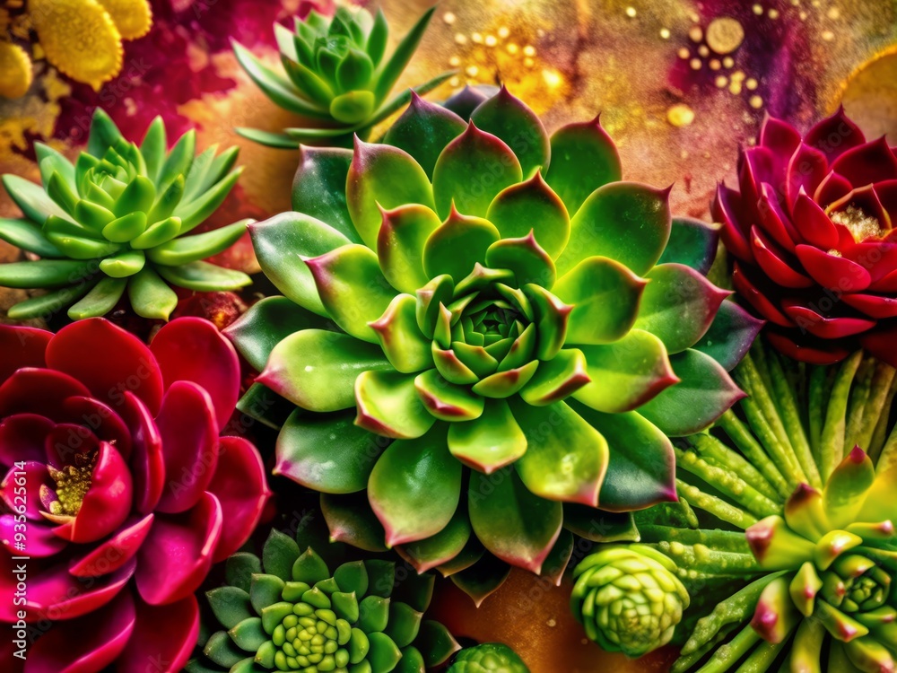 Vibrant green succulents and cactus plants adorned with delicate flowers set against a stunning watercolor art background with subtle gold accents and abstract textures. Vibrant green succulents and cactus plants adorned with delicate flowers set against a stunning watercolor art background with subtle gold accents and abstract textures.