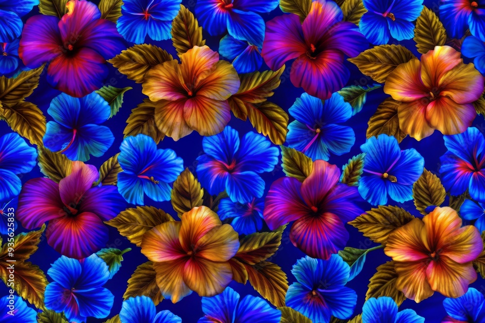 Vertical seamless watercolor pattern featuring intricately illustrated pink and blue hibiscus flowers on a dramatic black background, perfect for wallpaper or texture use. Vertical seamless watercolor pattern featuring intricately illustrated pink and blue hibiscus flowers on a dramatic black background, perfect for wallpaper or texture use.