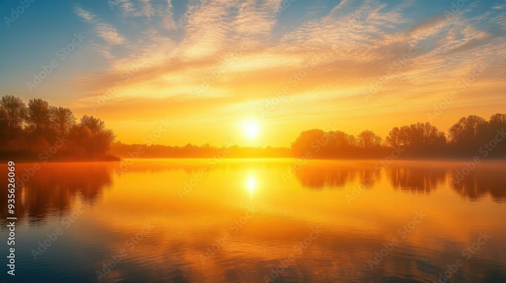 Fototapeta premium A golden sunrise over a tranquil lake, with the water reflecting the warm colors of the sky