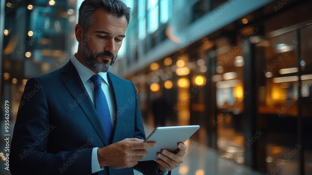 A professional business person in formal attire, working on a tablet in a well-designed office. A professional business person in formal attire, working on a tablet in a well-designed office.
