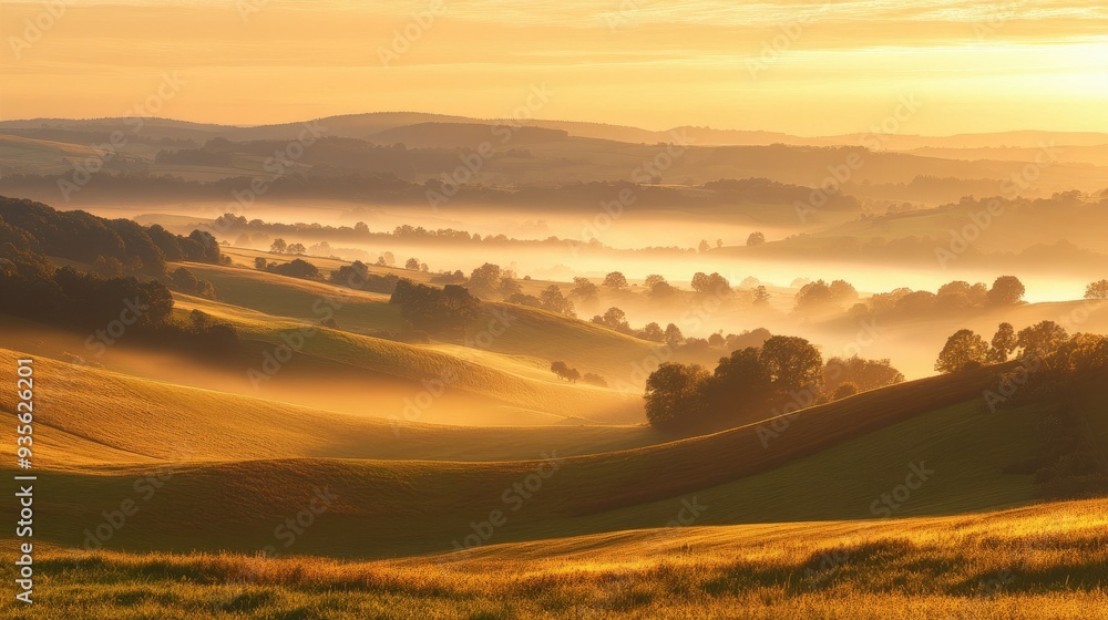 A golden sunrise over rolling hills, with mist rising from the valleys, creating a serene landscape A golden sunrise over rolling hills, with mist rising from the valleys, creating a serene landscape