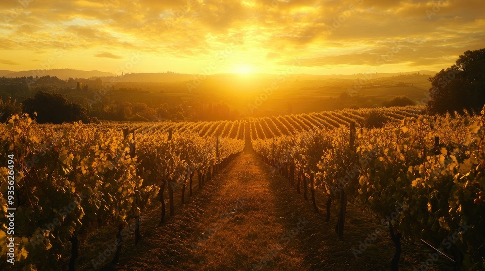 Obraz premium A golden sunset over a vineyard, with rows of grapevines bathed in the warm evening light