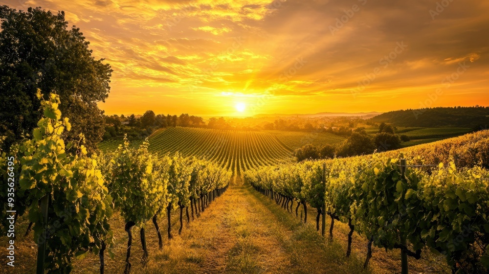 Fototapeta premium A golden sunset over a vineyard, with rows of grapevines bathed in the warm evening light