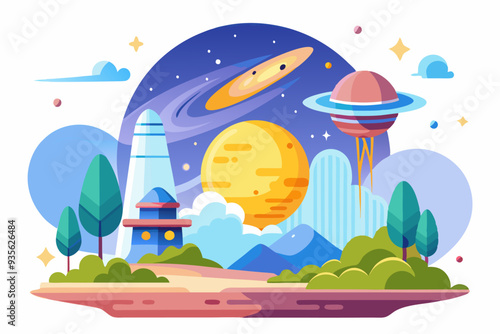 Futuristic Landscape with a Tower, Trees, and Planets in the Sky