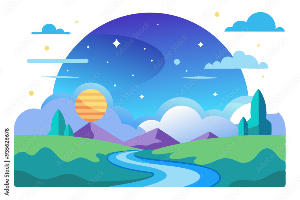 Fototapeta premium Nighttime Landscape with a Winding River and a Starry Sky