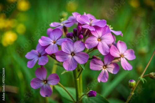 Delicate purple flowers of Hesperis matronalis, with four petals and a distinctive shape, bloom in a lush green meadow, exuding a sweet, nostalgic charm.