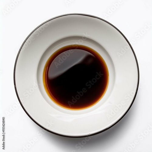 Soy sauce on white plate on white background top view