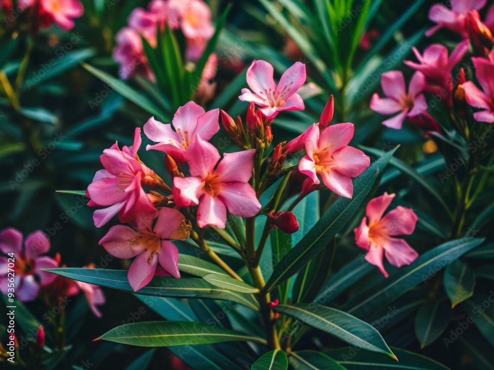 Obraz premium Vibrant pink oleander flowers bloom against a backdrop of lush green leaves, exuding elegance and sophistication in this stunning, high-contrast floral art piece.
