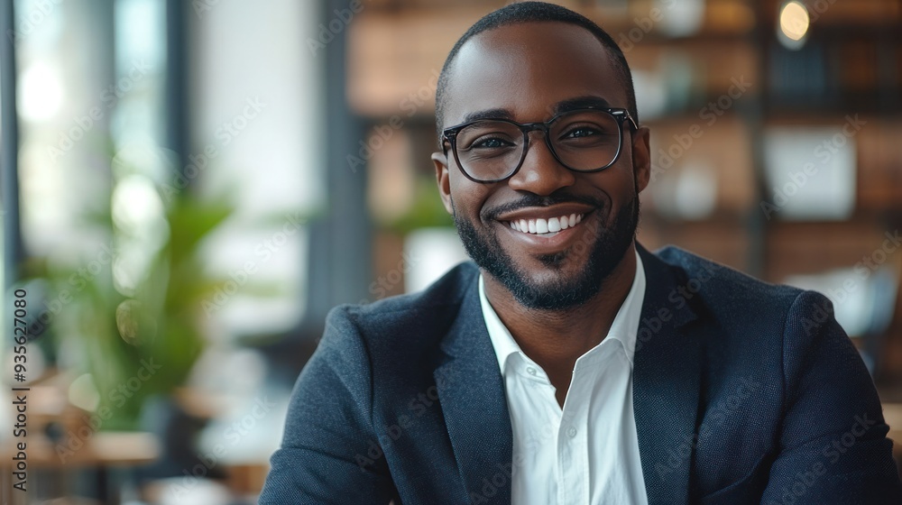 A smiling business executive confidently using digital technology in a modern workspace. A smiling business executive confidently using digital technology in a modern workspace.