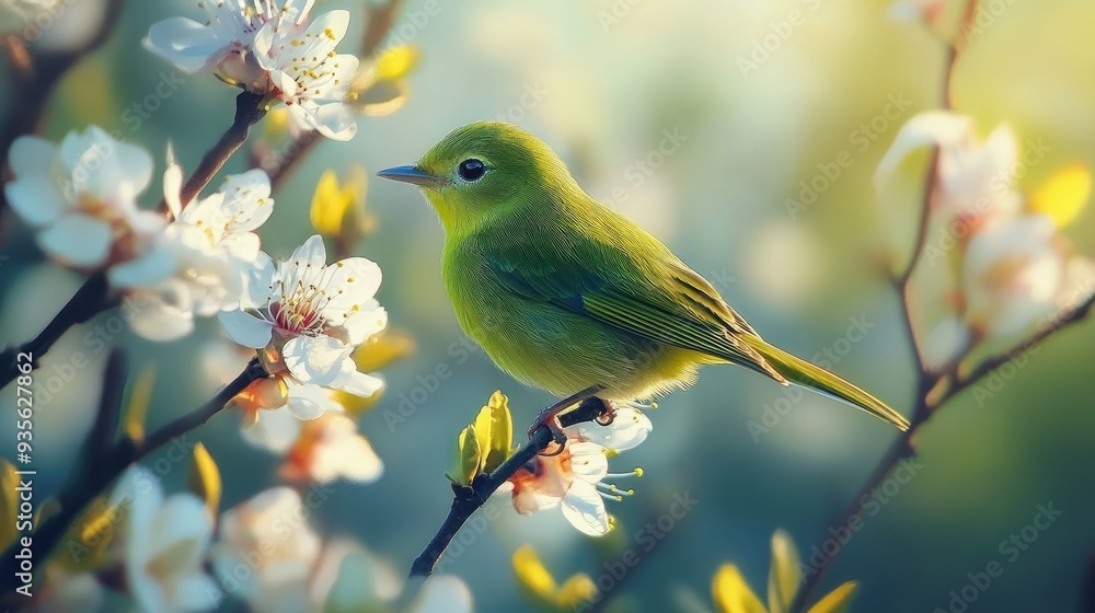 A green bird perched on a flowering branch, vibrant and full of life A green bird perched on a flowering branch, vibrant and full of life