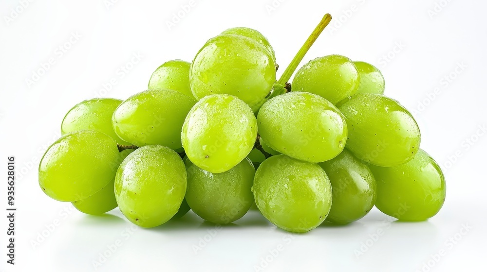 A bunch of fresh, green grapes with water droplets, isolated on a white background. A bunch of fresh, green grapes with water droplets, isolated on a white background.