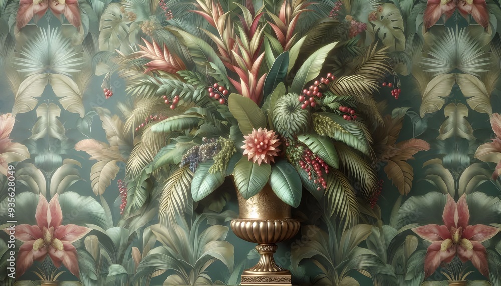 a vase with flowers on a pedestal in front of a wall. a vase with flowers on a pedestal in front of a wall.