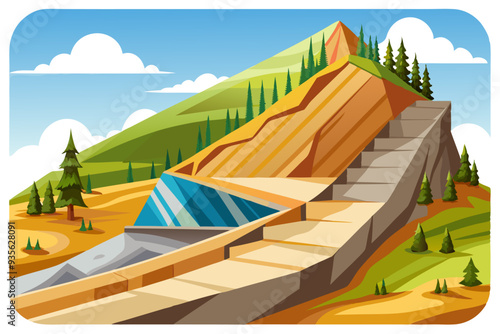 Mountainside with Steps, Trees, and Blue Glass Structure