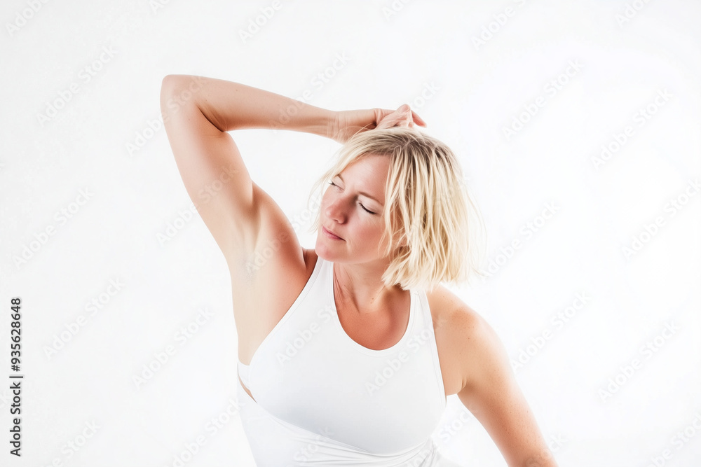 A close-up portrait of a young blonde woman wearing a white tank top, posing against a white background. Relaxed, confident expression with her arm raised, natural beauty of sport life. A close-up portrait of a young blonde woman wearing a white tank top, posing against a white background. Relaxed, confident expression with her arm raised, natural beauty of sport life.