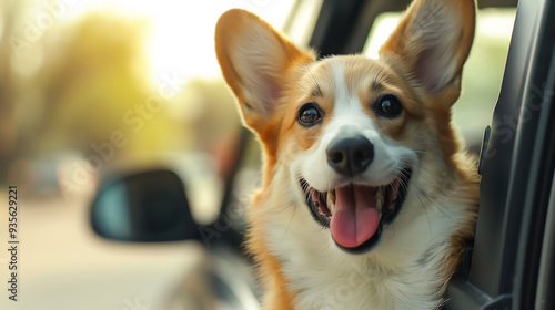 Fototapeta Naklejka Na Ścianę i Meble -  Head of happy corgi puppy dog looking out of car window