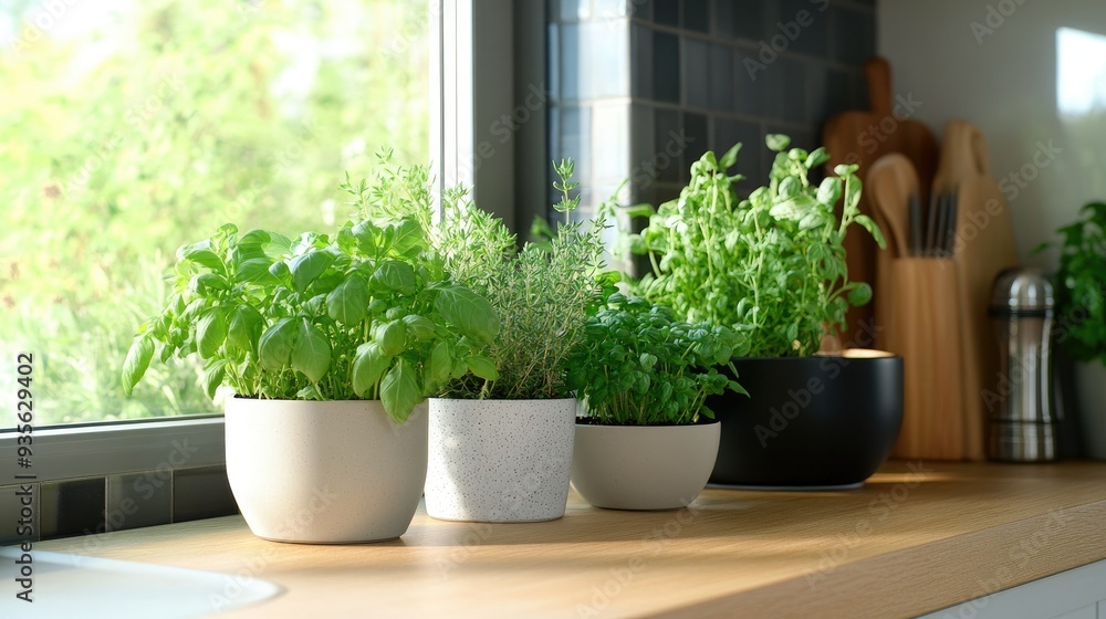 Fototapeta premium A green herb garden in the kitchen, fresh and ready for cooking, adding flavor to meals