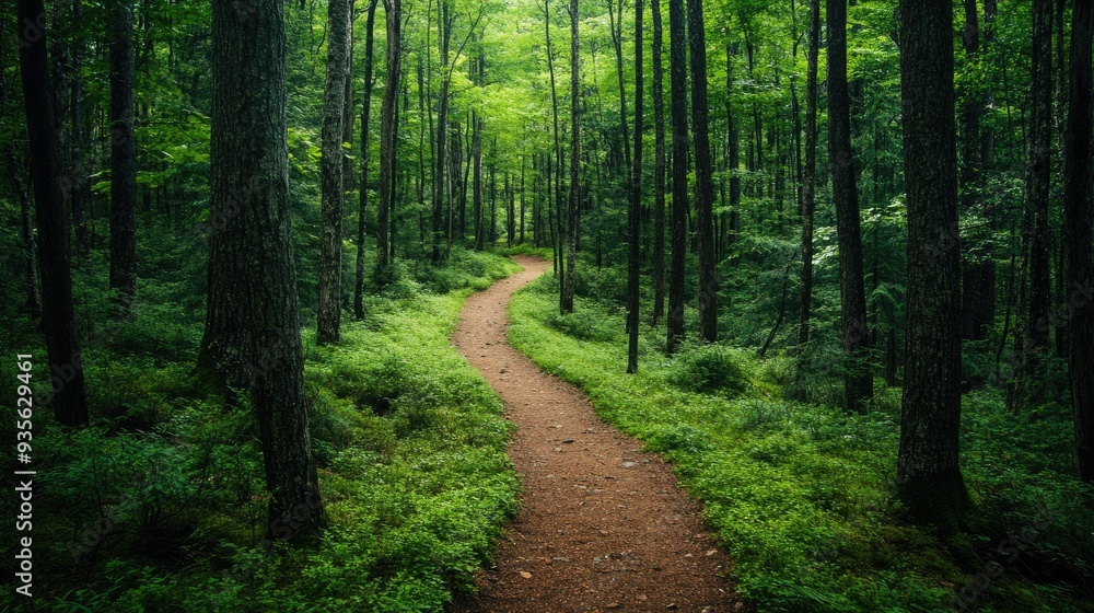 Fototapeta premium A green hiking trail through a forest, inviting exploration and adventure