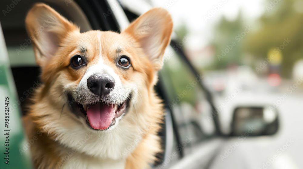 Head of happy corgi puppy dog looking out of car window Head of happy corgi puppy dog looking out of car window