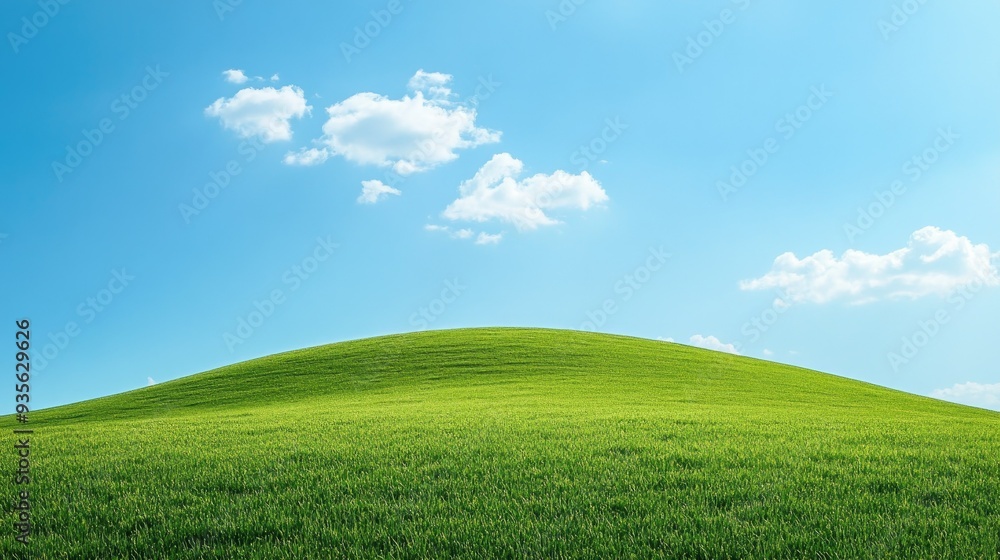 Obraz premium A green hill under a blue sky, rolling gently towards the horizon, peaceful and serene