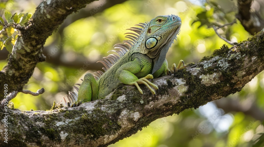 A green iguana basking in the sunlight on a tree branch, blending into its environment A green iguana basking in the sunlight on a tree branch, blending into its environment